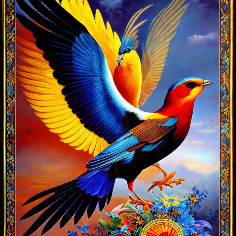 Colorful Stylized Birds Artwork with Floral Background & Ornate Border