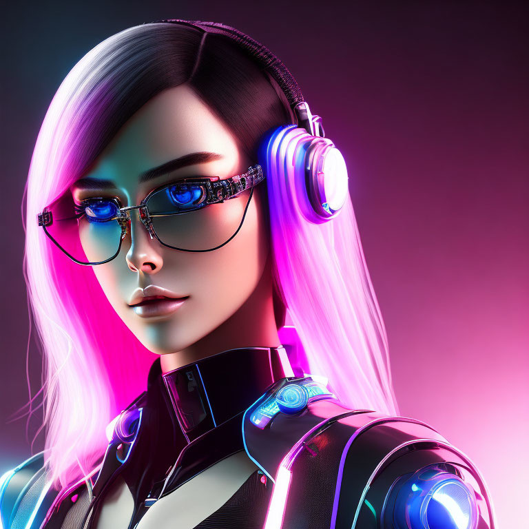 Futuristic 3D illustration of female figure with purple hair and glowing accessories