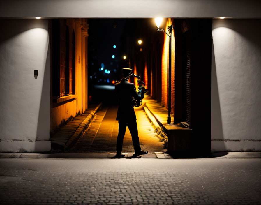 Musician playing saxophone under night archway with warm street light glow