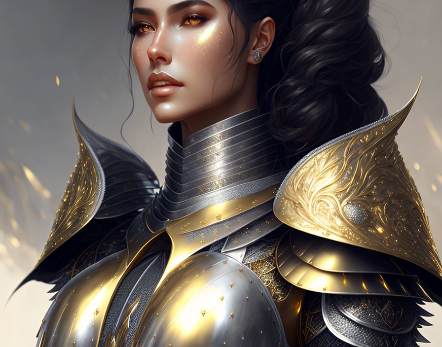Detailed Golden Armor Female Warrior Illustration with Ornate Shoulder Plates