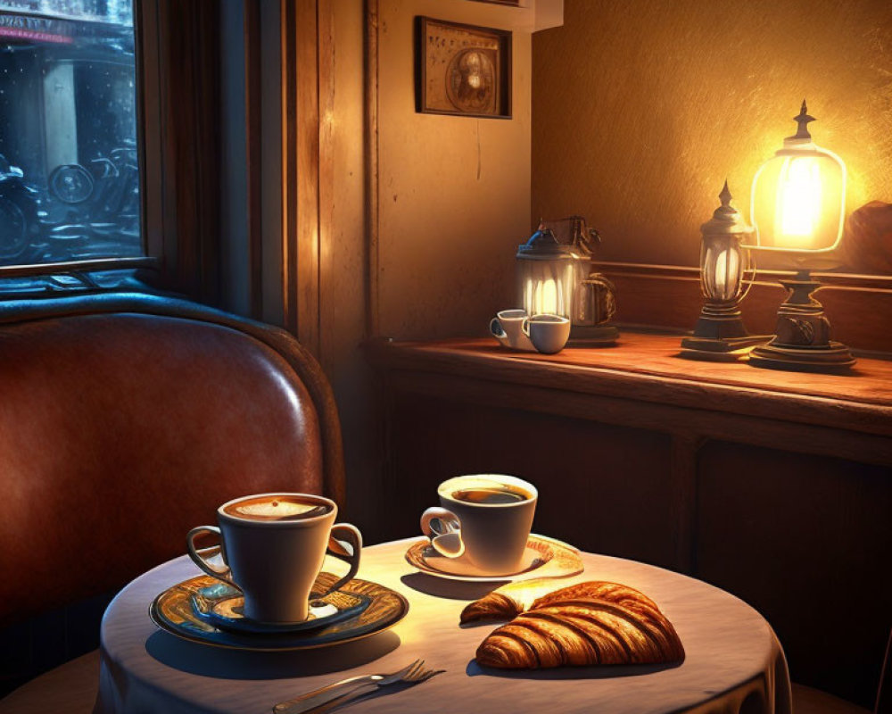 Cozy Coffee Scene with Two Cups and Croissants on Table