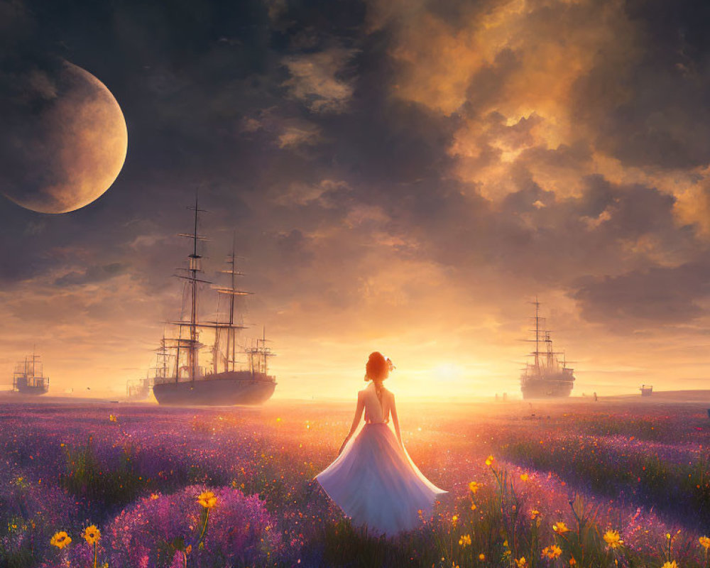 Woman in flowing dress in vibrant flower field at sunset with tall ships and crescent moon.