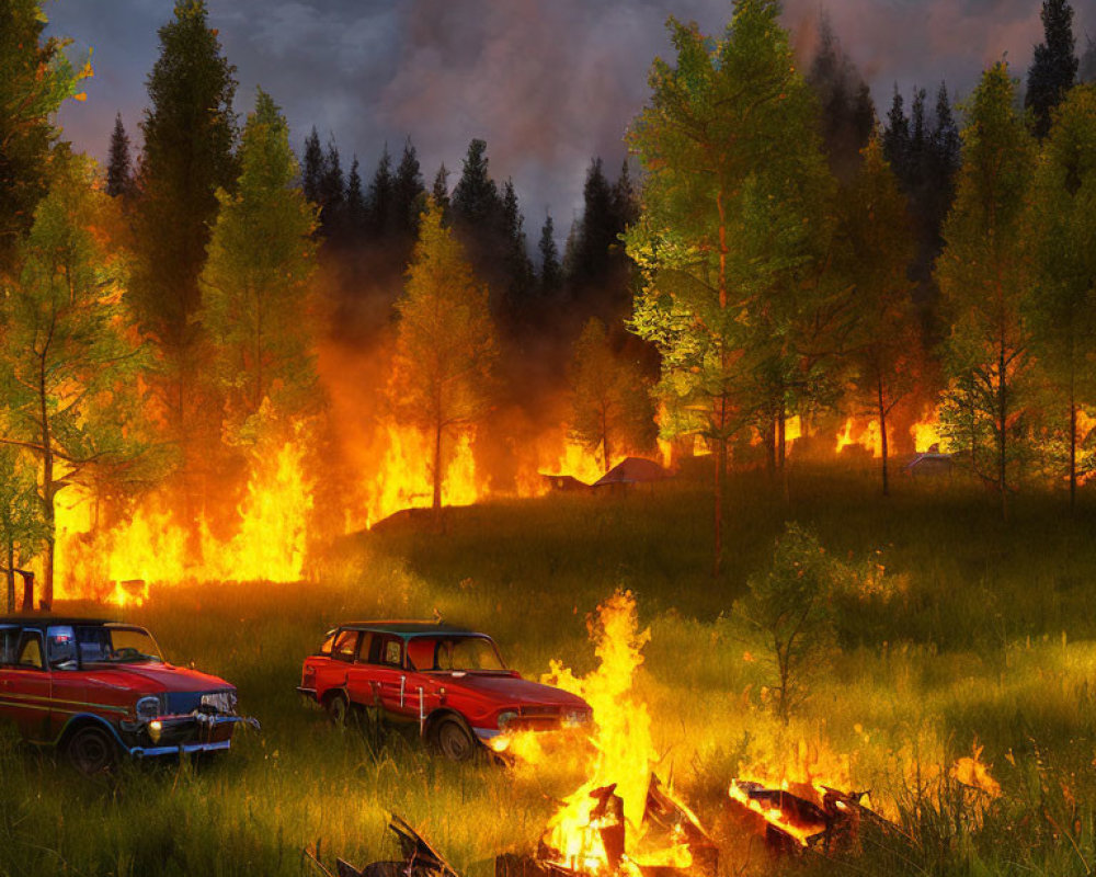 Forest Fire: Smoke, Flames, Abandoned Cars & Trees in Flames