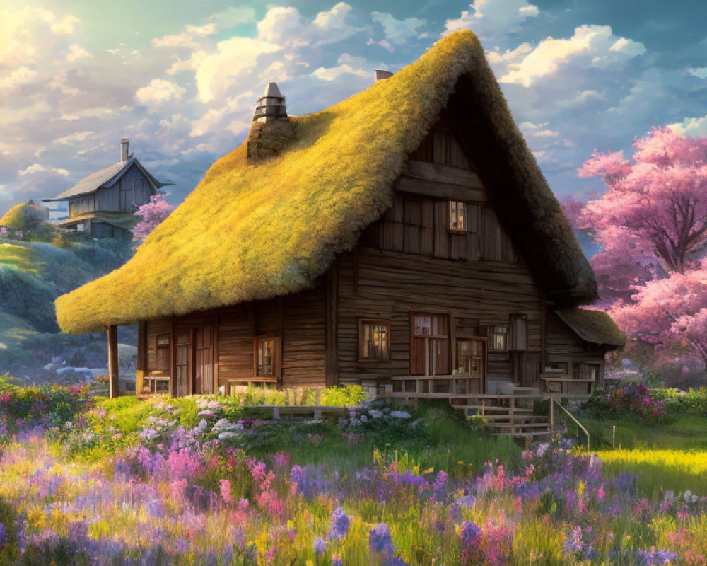 Rustic wooden cottage in wildflower fields at dusk