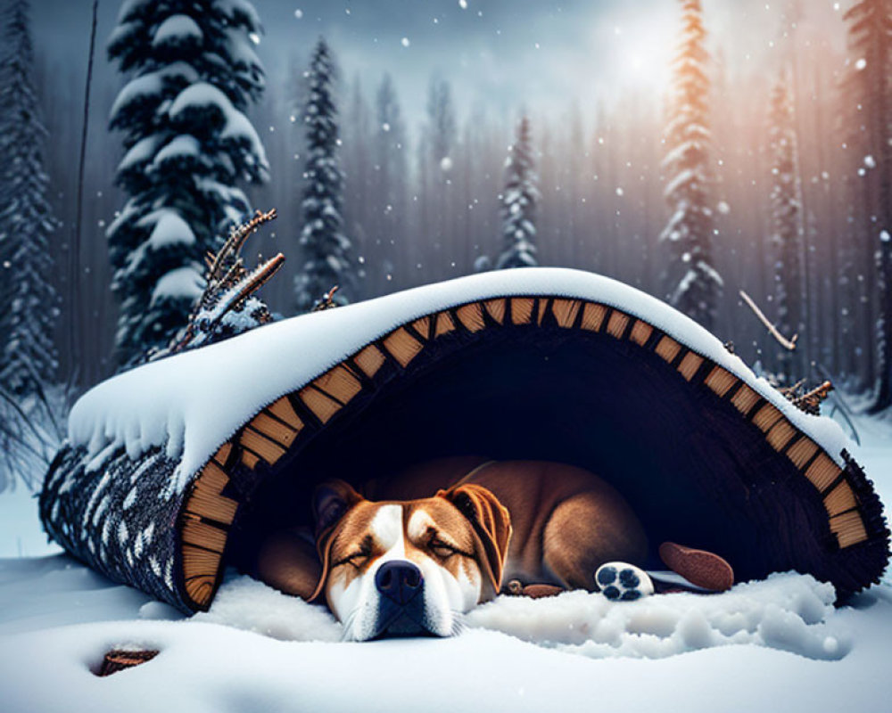 Dog resting in snow-covered log in serene winter forest
