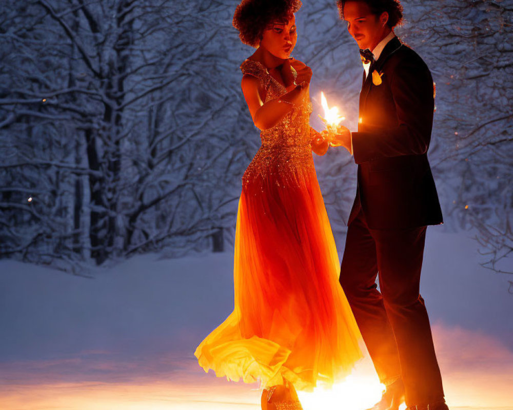 Formal Couple with Light Source in Snowy Forest Twilight