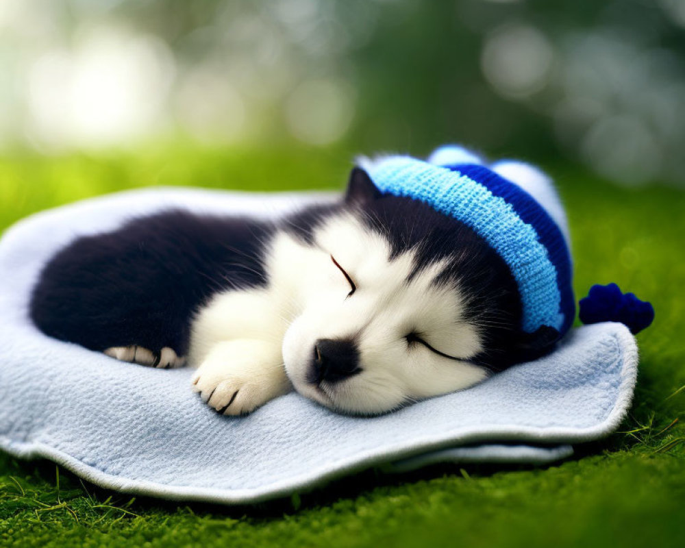 Sleeping puppy in blue beanie on white blanket outdoors