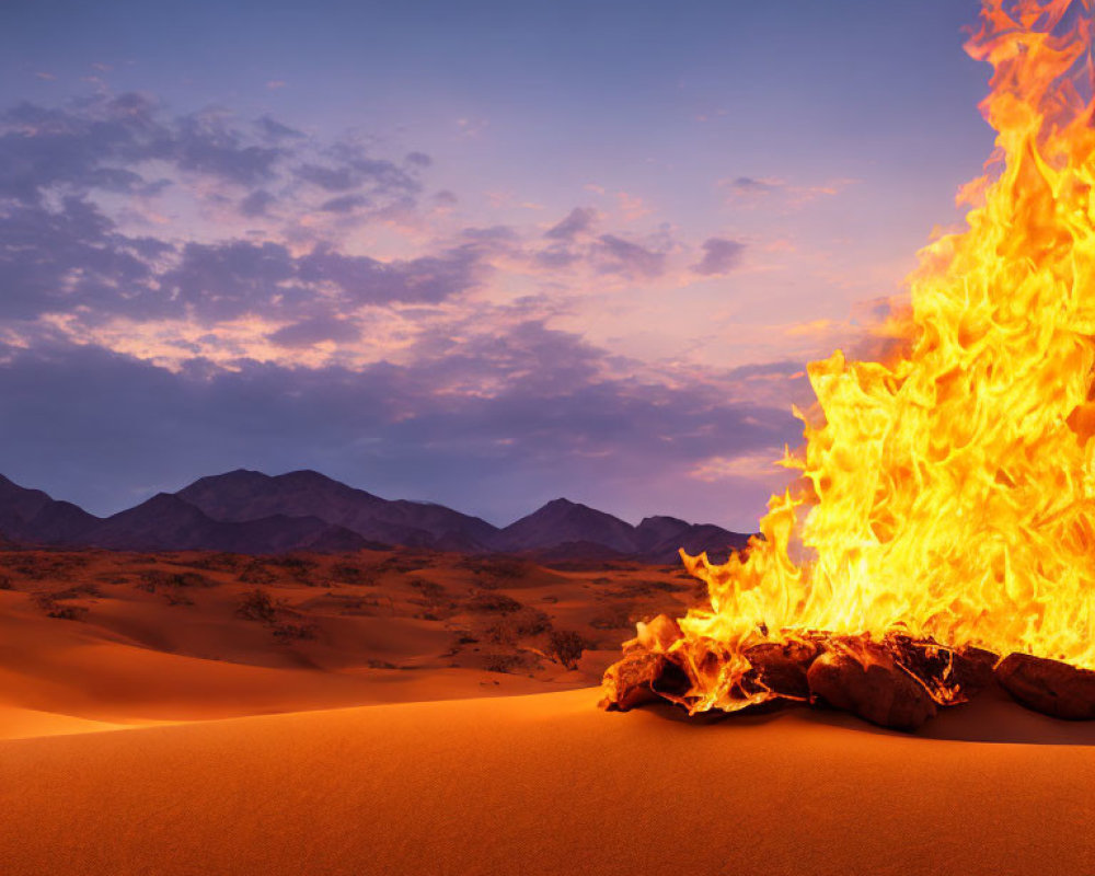 Desert campfire against twilight mountains