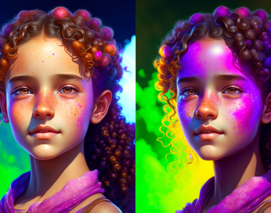 Digital artwork: Girl with curly hair and freckles in contrasting natural and neon lighting