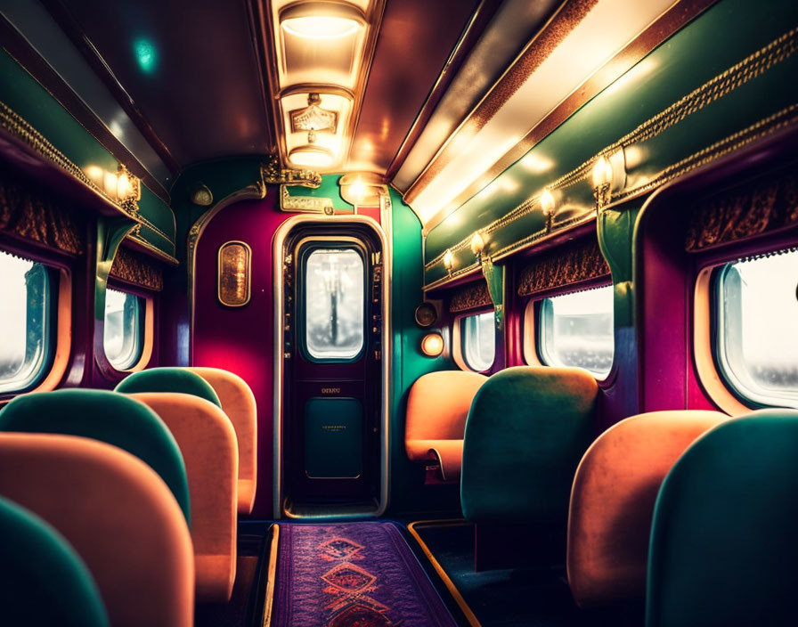 Vintage Train Interior with Plush Green and Red Seats, Patterned Carpet, & Ornate Golden Tr