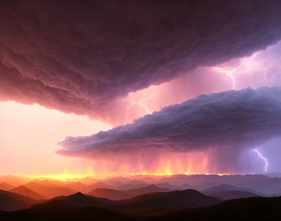 Storm scene with shelf cloud, lightning, rain, mountains at sunset