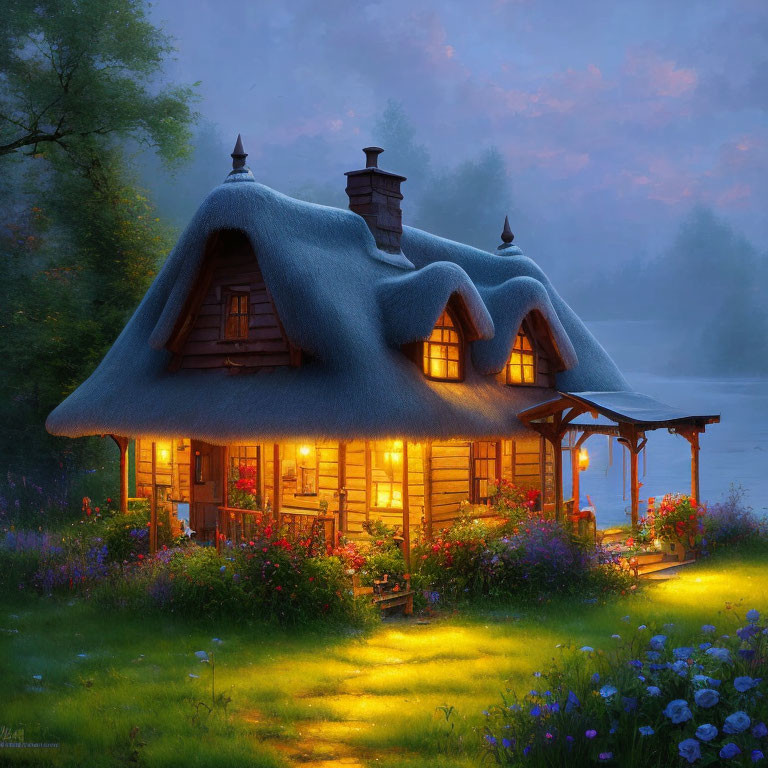 Quaint Thatched-Roof Cottage at Dusk in Lush Greenery