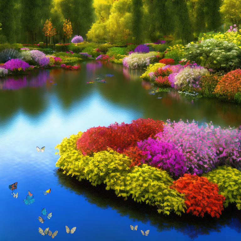 Colorful Garden Pond with Lush Flowers and Butterflies