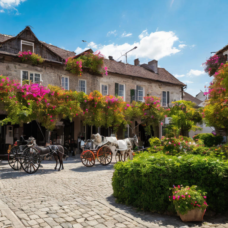 Charming cobblestone square with horse-drawn carriages and stone buildings