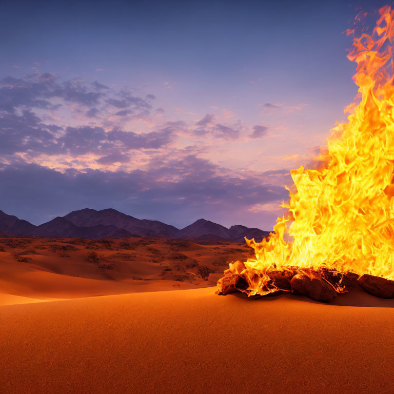 Desert campfire against twilight mountains