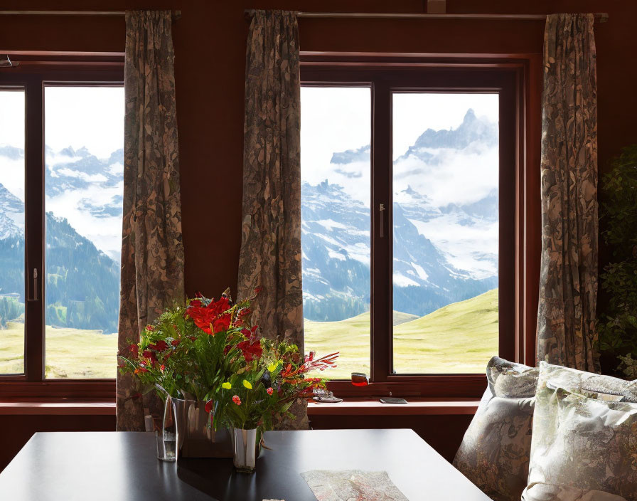Cozy Room with Flowery Curtains and Mountain View