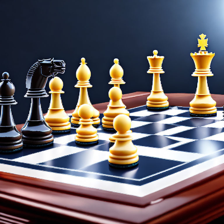 3D illustration of black and white chessboard with gold pieces