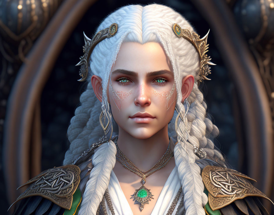 Fantasy elf CG portrait with green eyes and silver hair