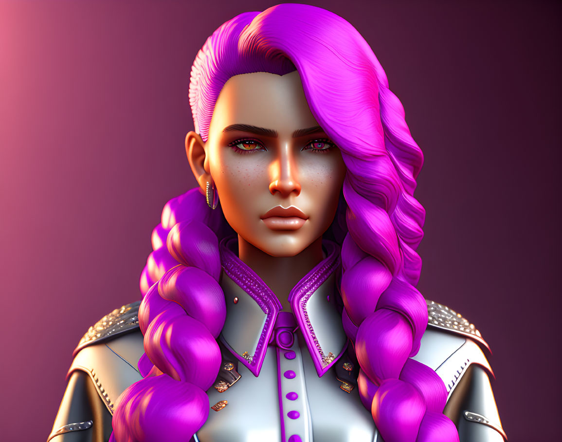 Detailed digital artwork: Person with vibrant purple hair, futuristic silver jacket, on pink background