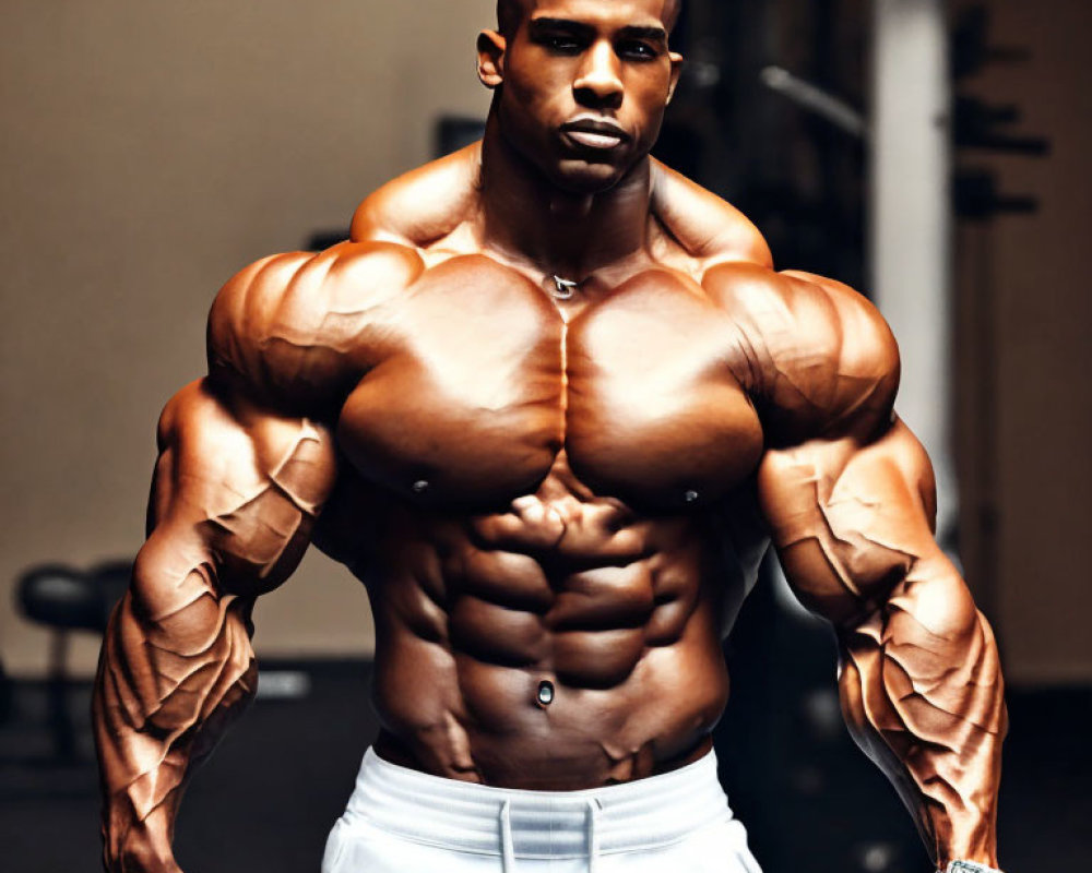 Muscular man flexing massive biceps in gym setting