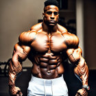Muscular man flexing massive biceps in gym setting