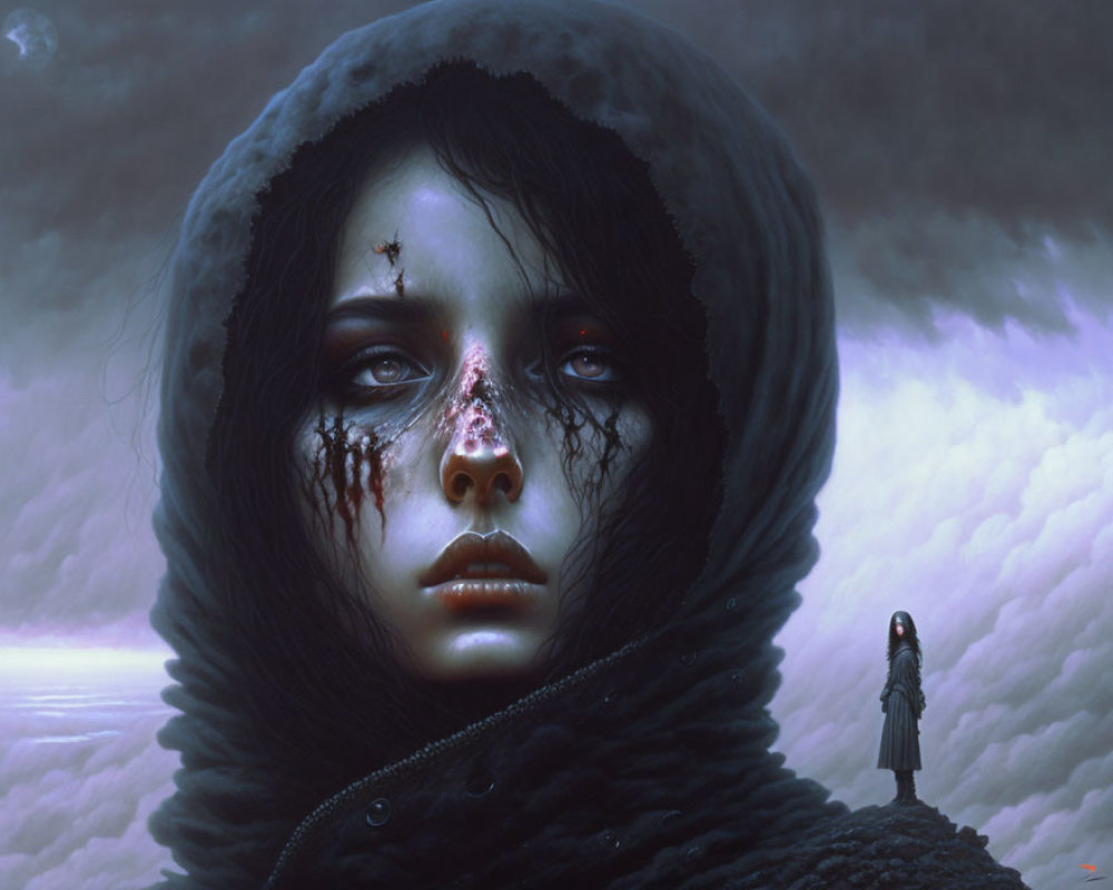 Dark atmospheric portrait of a hooded woman with bloodied face and small figure in background under stormy
