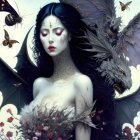 Dark-haired woman with bat wings, bees, and pink roses in a gothic-romantic setting