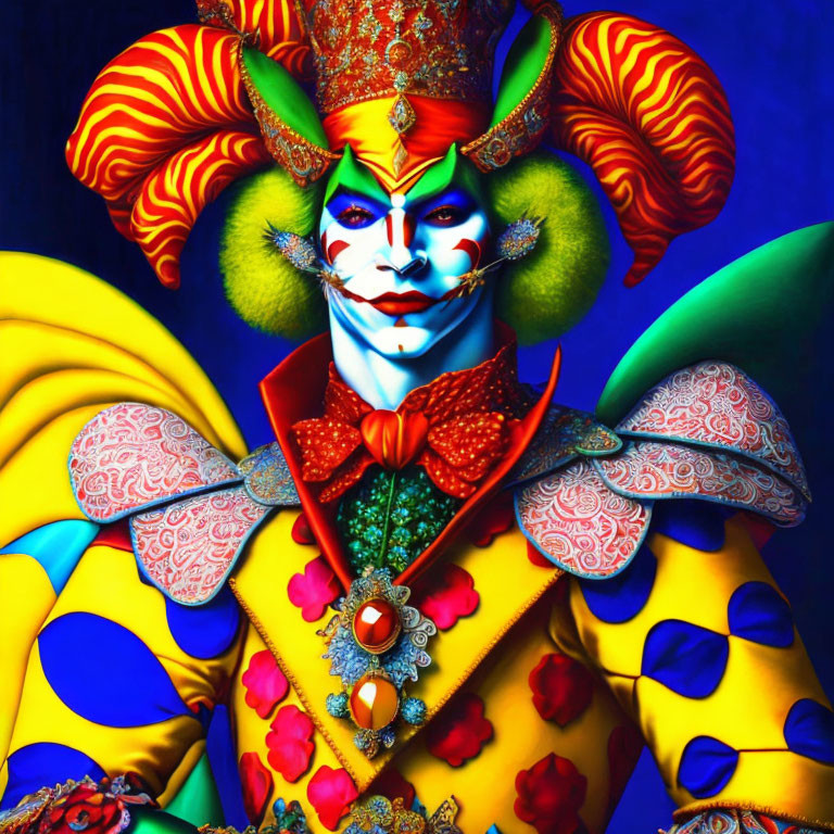 Colorful Clown Costume with Jester Hat and Elaborate Face Paint