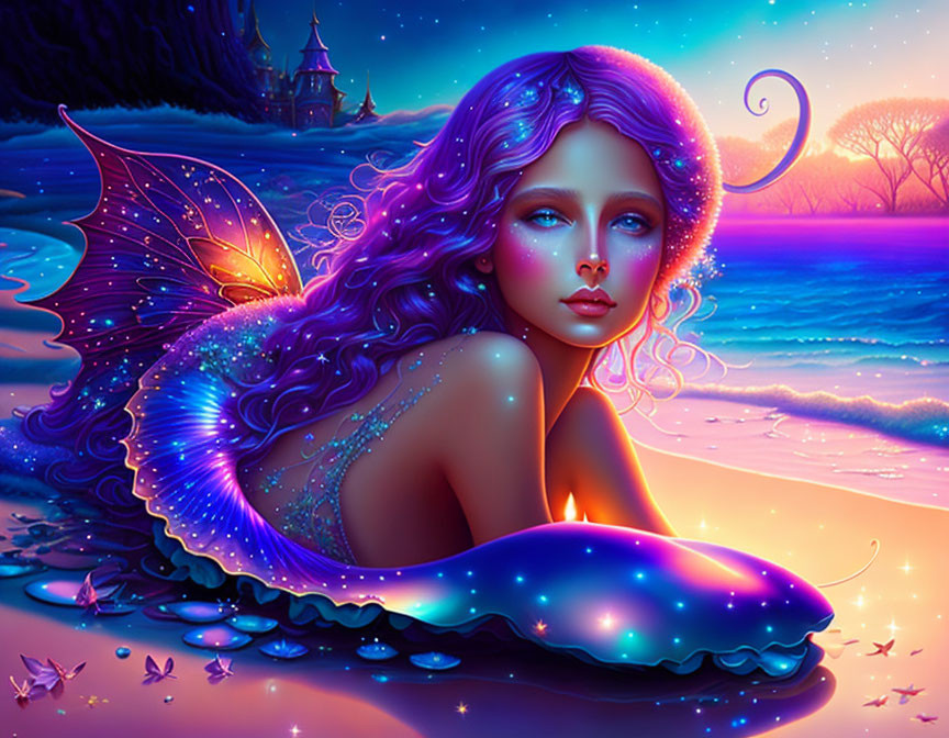 Luminescent winged fairy with violet hair by the sea at twilight