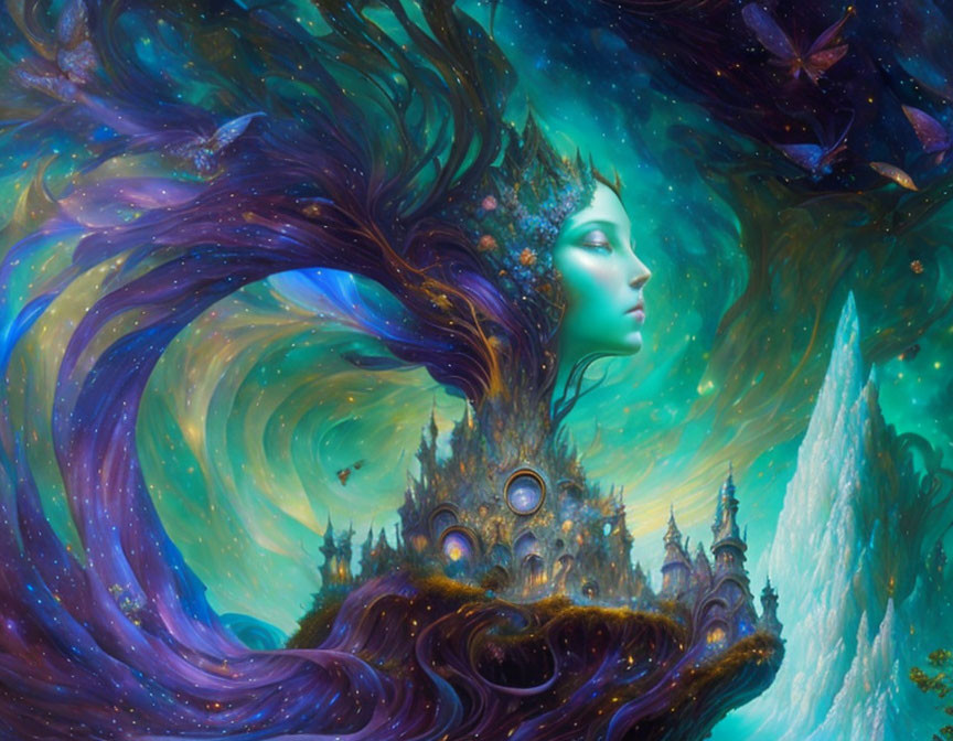 Vibrant cosmic landscape merges with woman's profile