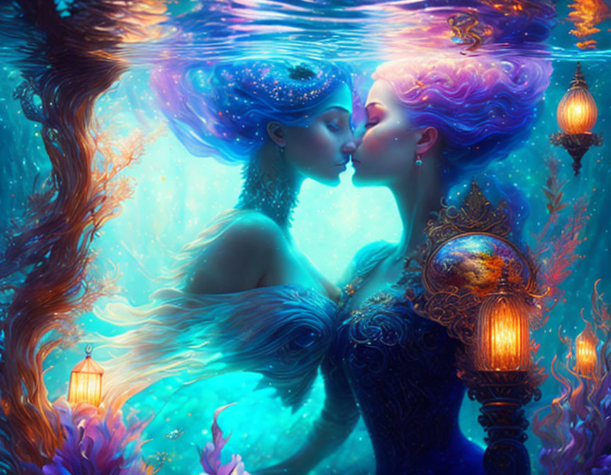 Ethereal figures in ornate attire share a kiss underwater surrounded by glowing lanterns and vibrant blue