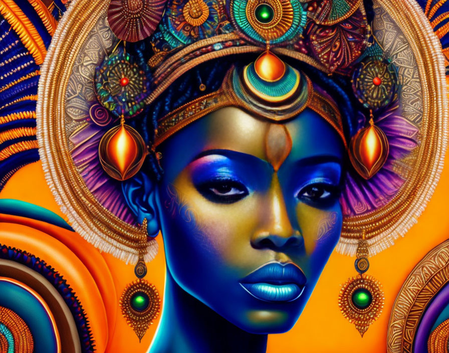 Colorful digital artwork: Woman with blue skin and intricate headdress on orange background