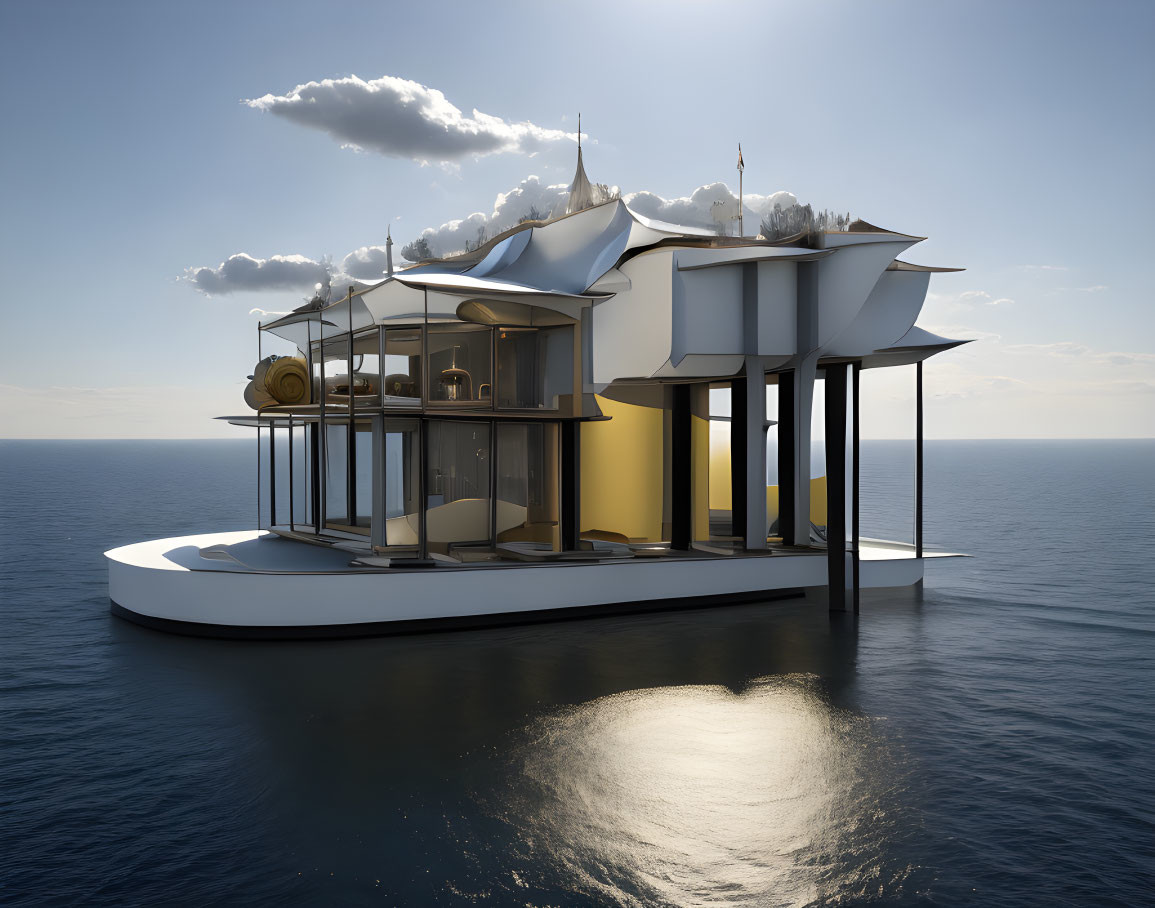 Contemporary floating structure with sail-like roofs on calm sea waters