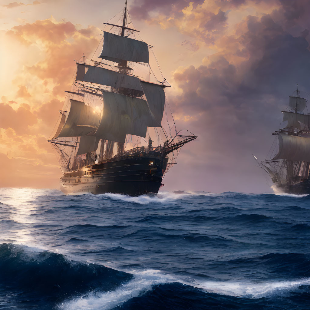 Historic tall ships sailing on rolling ocean waves at sunset