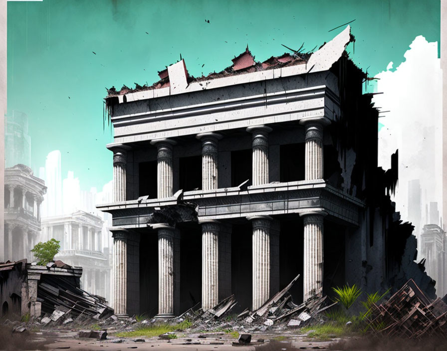 Dilapidated Greco-Roman building with columns in post-apocalyptic setting