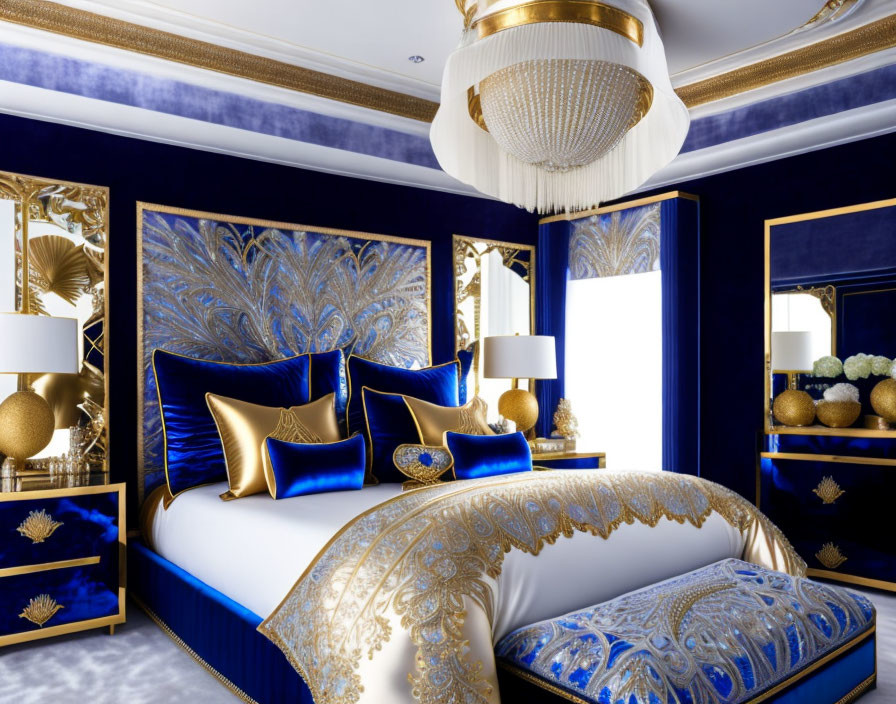 Opulent Bedroom Decor in Gold and Royal Blue Theme