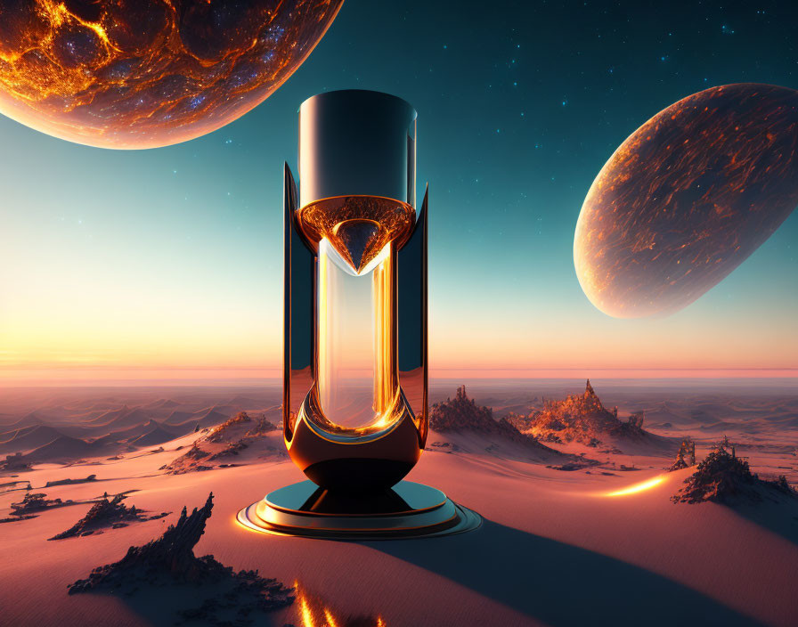 Surreal desert landscape with hourglass and celestial bodies