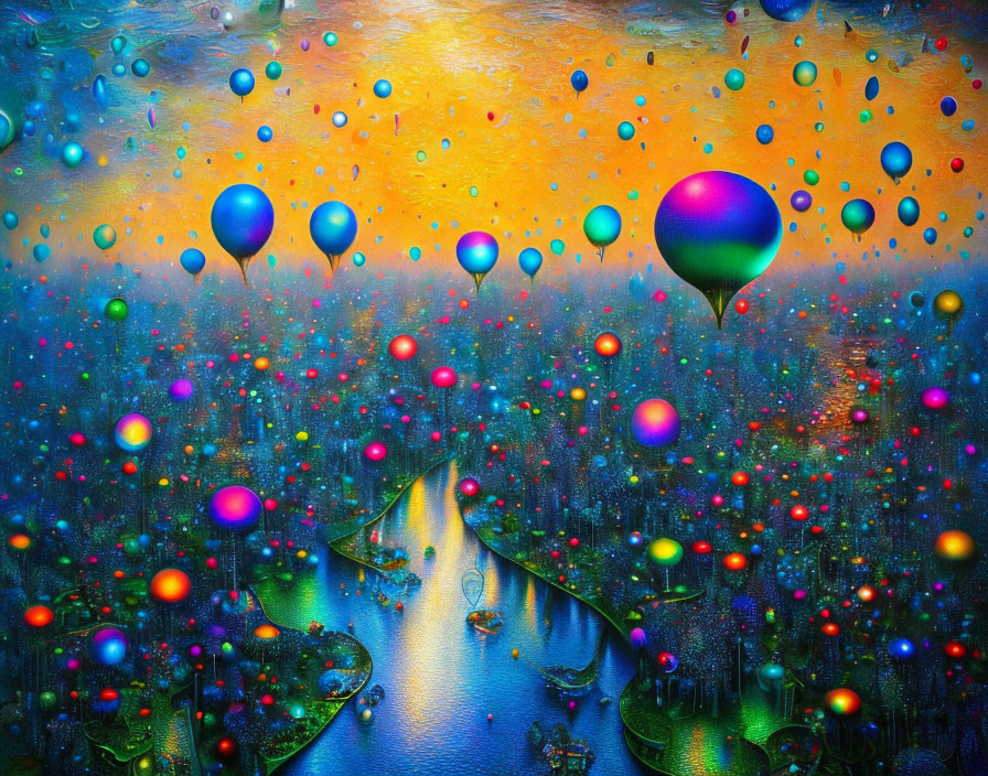 Colorful Hot Air Balloons Painting Over Fantasy Landscape Night Sky