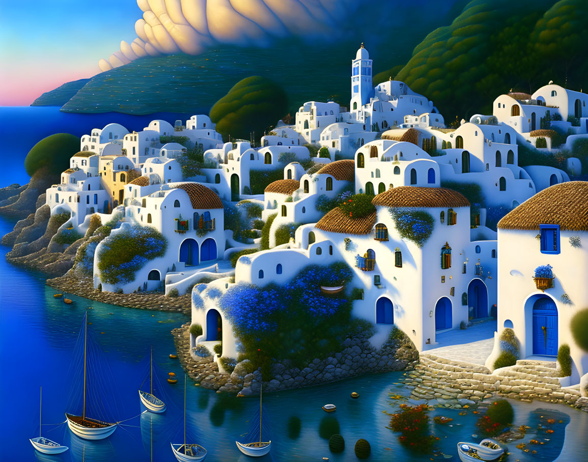 Mediterranean coastal village painting with white houses and boats