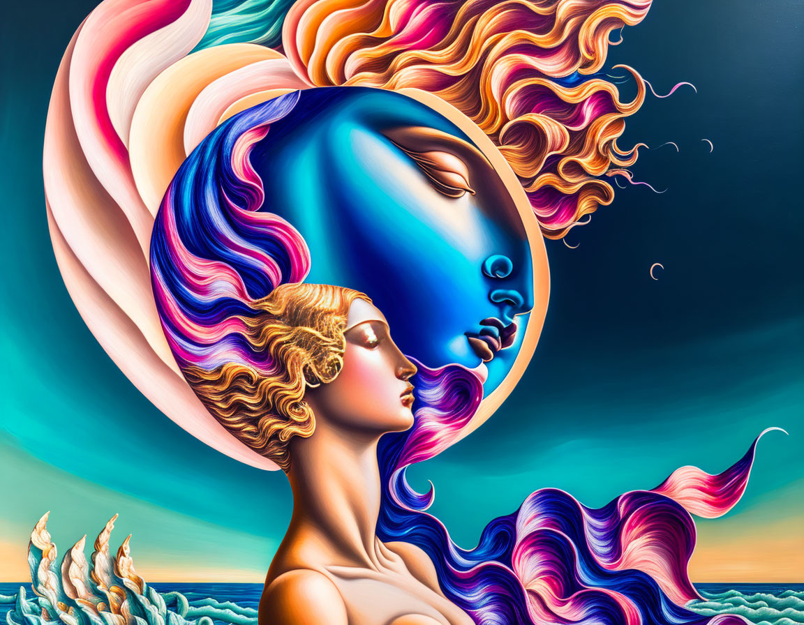 Surreal artwork: Stylized faces with crescent moon blend in vibrant colors, set against