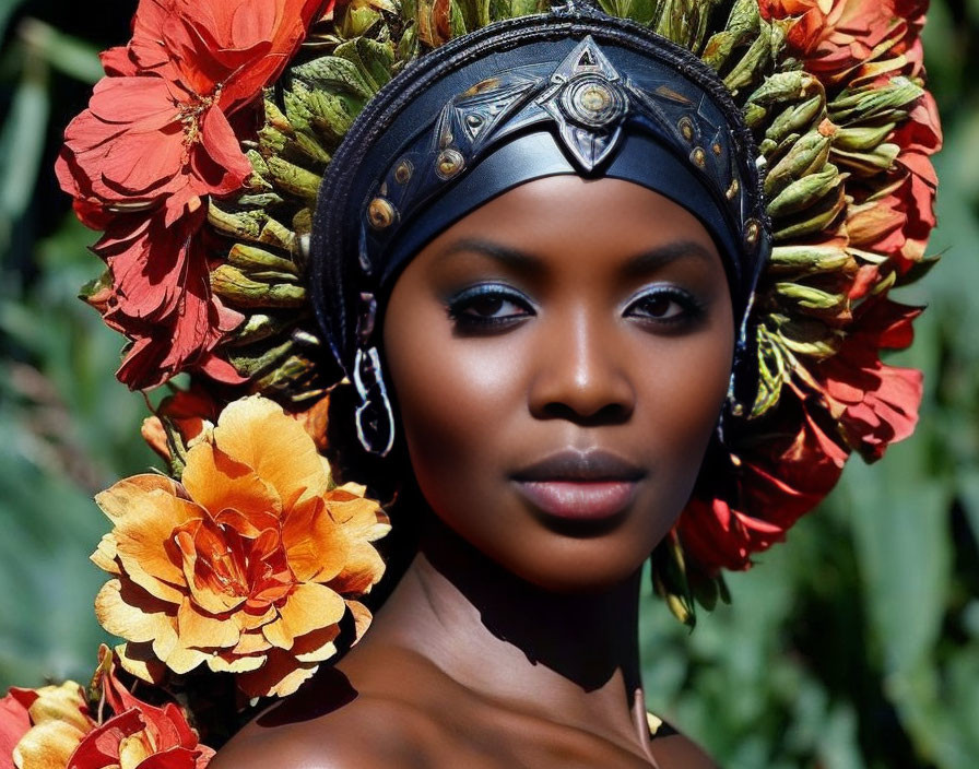 Woman with Floral Headdress and Headband in Elegant Pose