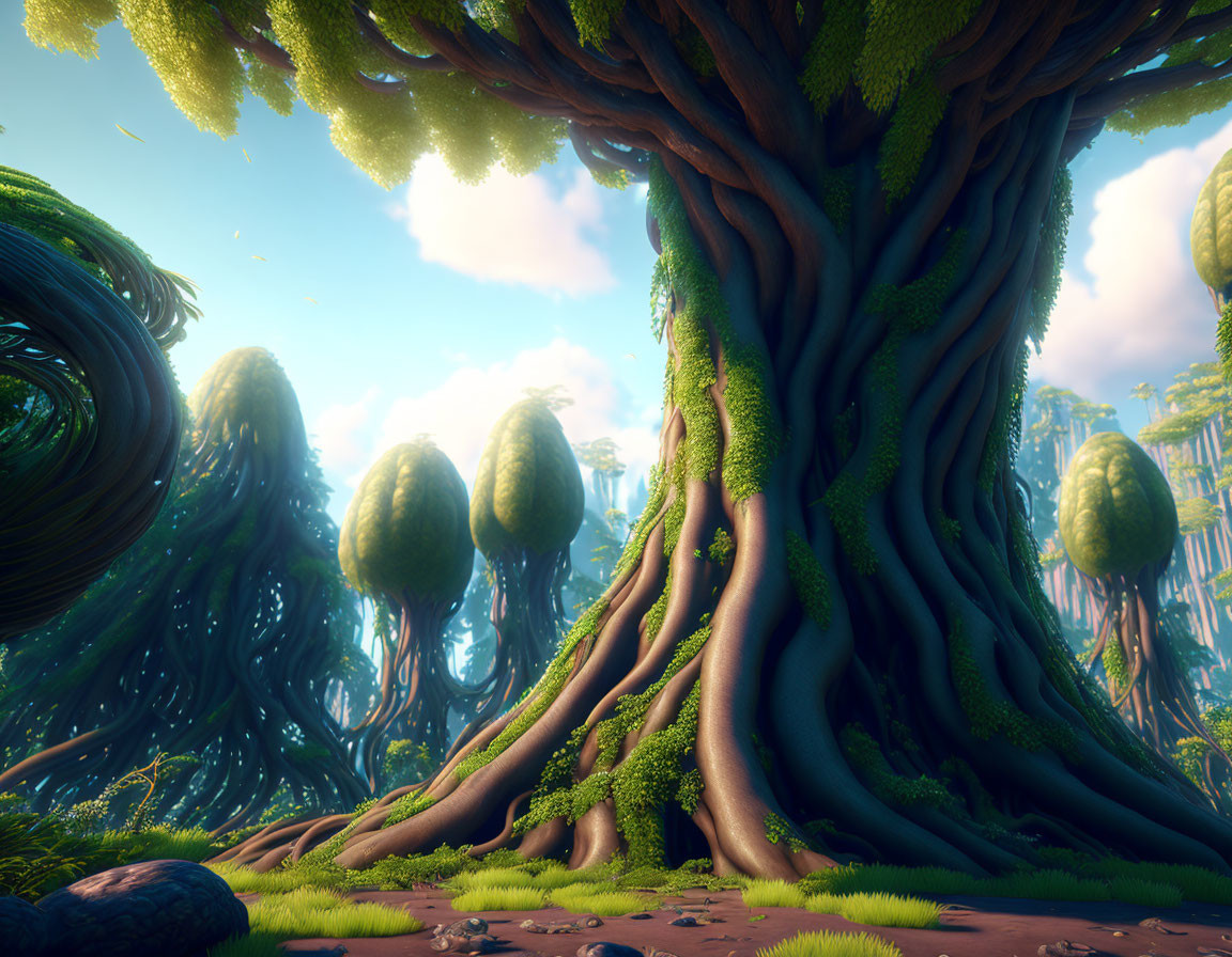 Majestic fantasy forest with twisted and bulbous trees under blue sky