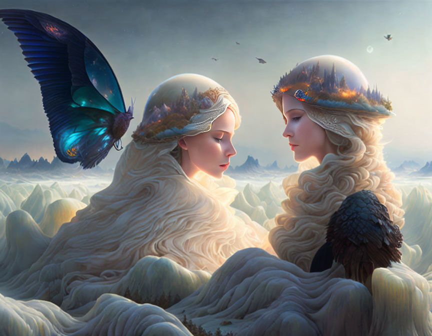 Ethereal women with landscape hair, butterfly, birds, misty mountains