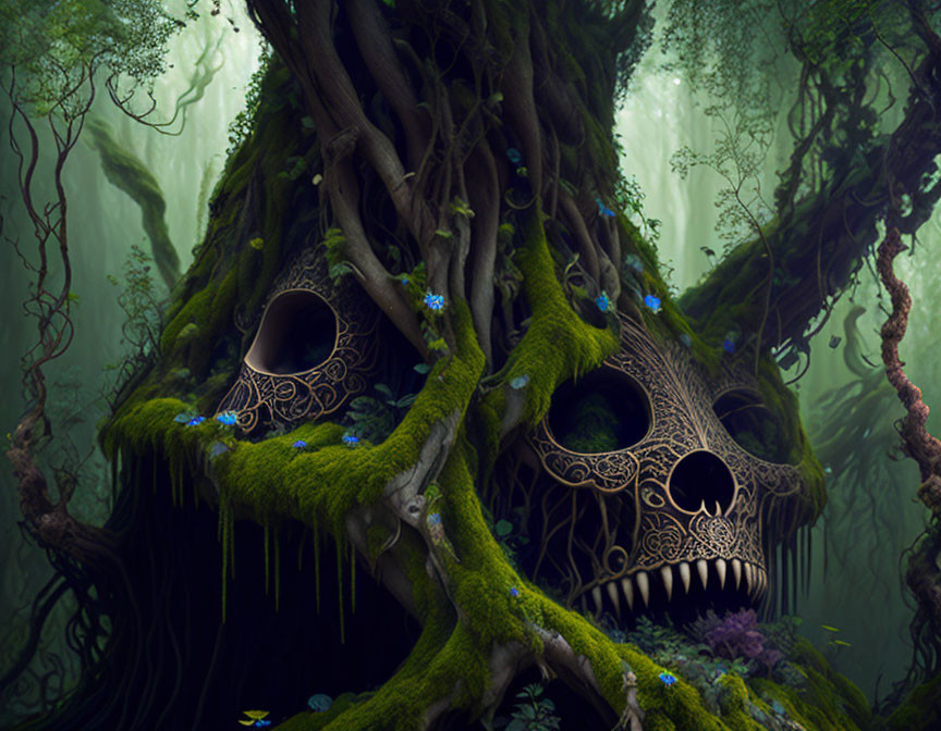 Giant skull integrated into ancient tree in misty forest with moss, vines, and blue flowers