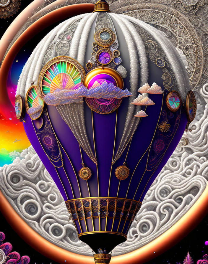 Colorful Hot Air Balloon Artwork with Cosmic Swirls and Rainbow