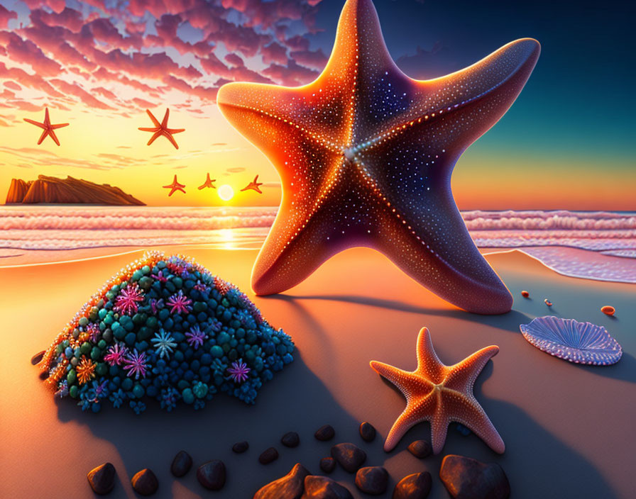 Colorful digital artwork: Beach at sunset with oversized starfish and coral pile