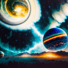 Colorful celestial bodies over serene floating islands with glowing structures.