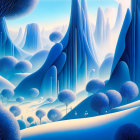 Fantastical landscape with blue and white hues and icy spires.