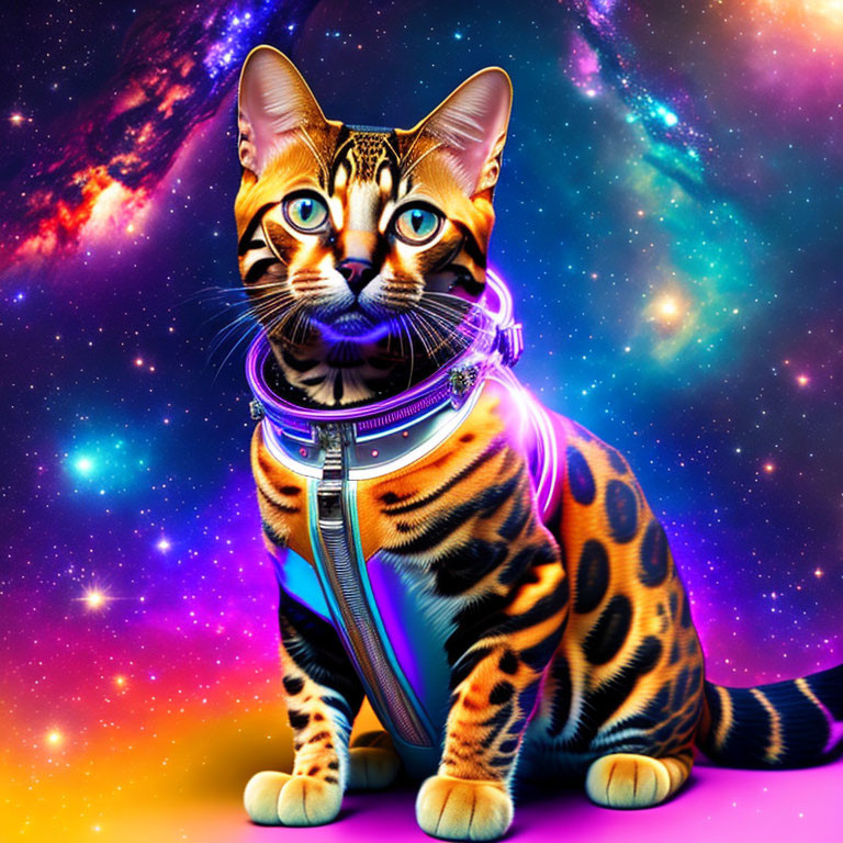 Colorful Cat in Futuristic Cosmic Setting with Starry Space Background