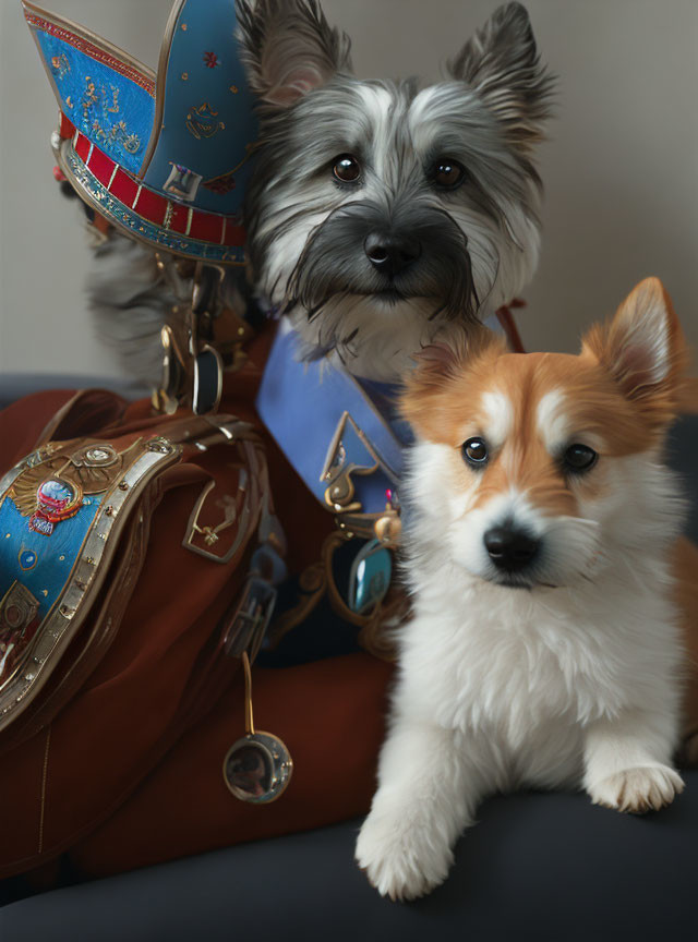 Two Dogs Wearing Blue Hat and Brown Bag Pose Together